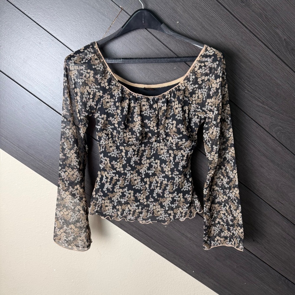 Studio Y Women's Sheer Floral Mesh Cropped Top Small Black Y2K Boho Fairy